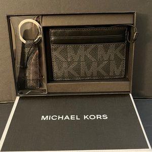 Michael Kors Card Holder n Key Chain Set. Black Leather ID Wallet.